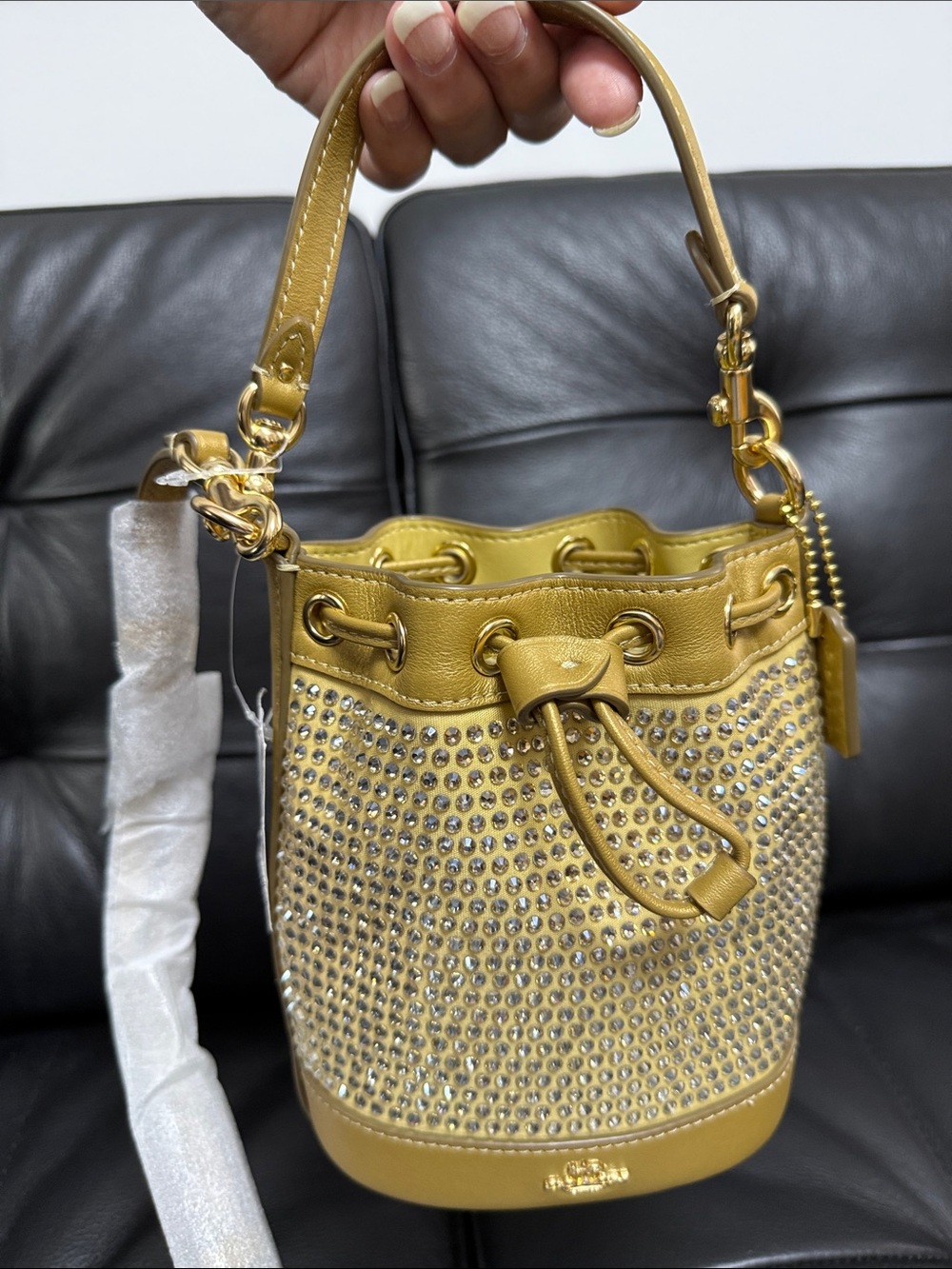 Coach Leather Gold Mini Bucket Bag Studded with Crystals Hand/Crossbody